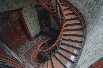 Spiral wooden staircase in old historic building, elegant architecture