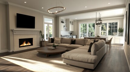 A cozy living room with a large sectional sofa, a fireplace, and a coffee table, perfect for family gatherings.