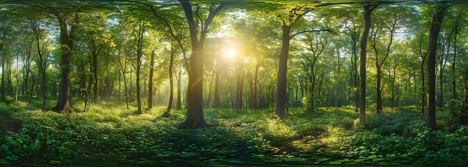 Enchanting panoramic view of a vibrant spring forest landscape