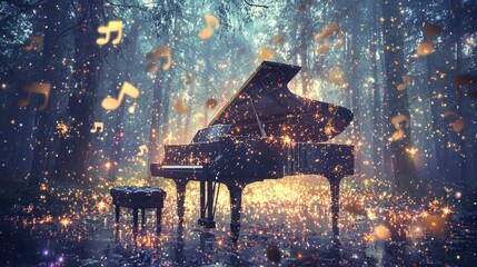 Magical Piano in a Forest of Lights and Music Notes