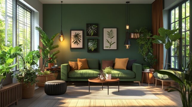 A cozy living room with green accent walls, potted plants, and a green sofa, creating a fresh and inviting space.