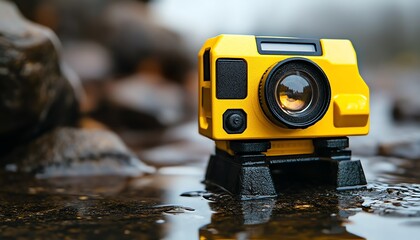 Yellow Camera Sitting on a Tripod in Shallow Water