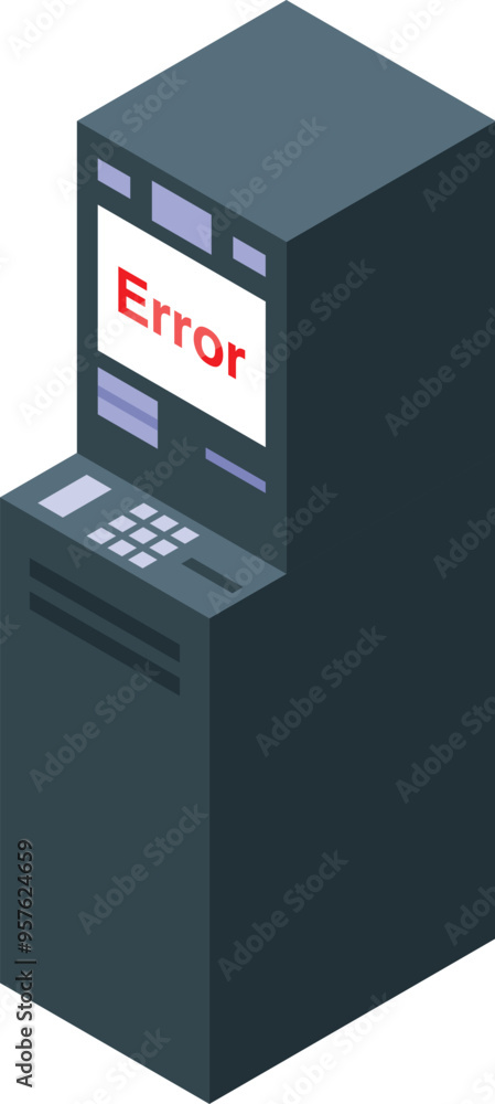 Poster isometric view of a broken atm displaying an error message