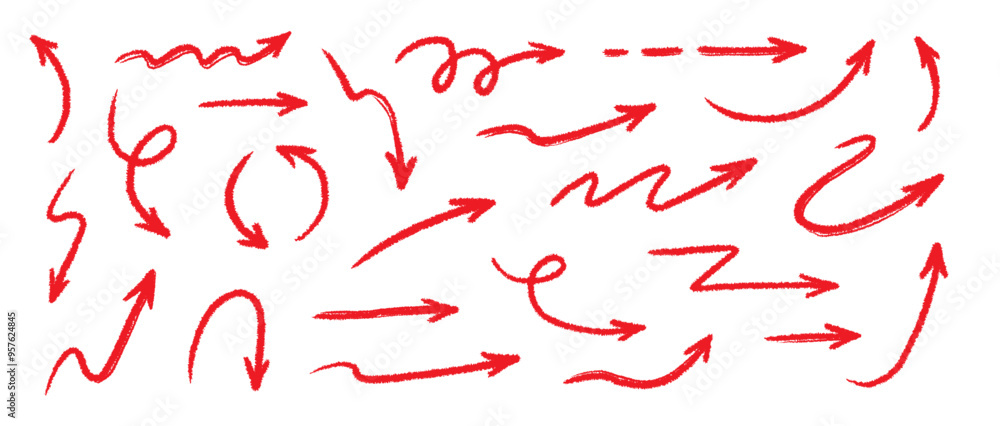 Poster Arrow crayon brush doodle chalk red line stroke. Sketch pencil texture line scribble red arrow icon. Hand drawn grunge crayon brush sketch direction element set. Vector illustration