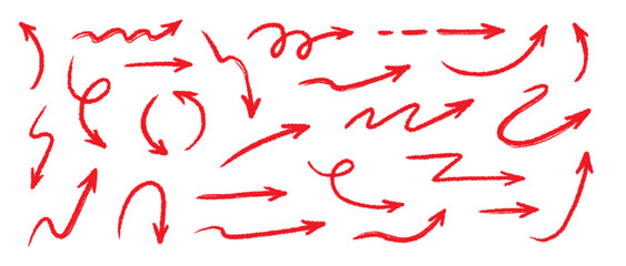 Arrow crayon brush doodle chalk red line stroke. Sketch pencil texture line scribble red arrow icon. Hand drawn grunge crayon brush sketch direction element set. Vector illustration