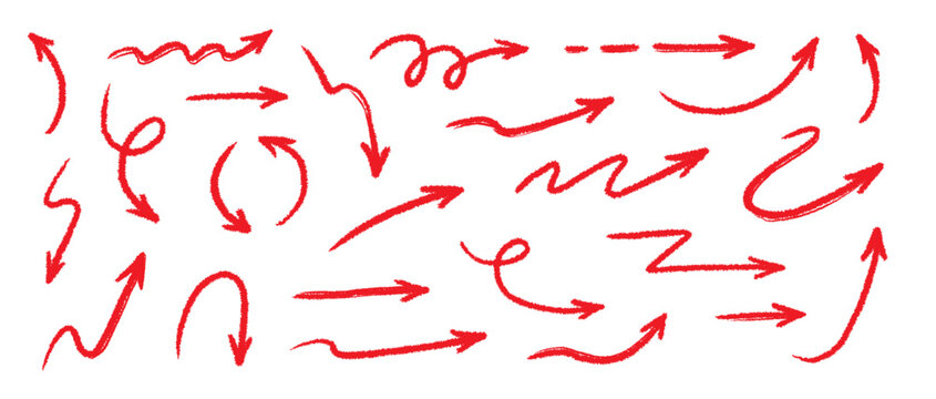 Arrow crayon brush doodle chalk red line stroke. Sketch pencil texture line scribble red arrow icon. Hand drawn grunge crayon brush sketch direction element set. Vector illustration