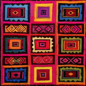 55. **Peruvian Quechua weaving pattern with colorful, geometric designs.**