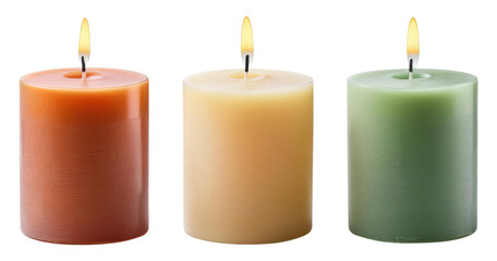 Three Burning Candles in Orange, Yellow and Green.