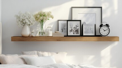 A floating shelf in a bedroom, adorned with framed photos, a clock, and a small vase of fresh flowers, creating a personal touch.