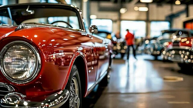 a red classic car  in a showroom with  other classic cars  in the background