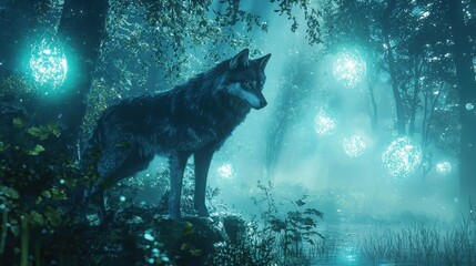 Mystical Wolf in Enchanting Forest with Glowing Orbs