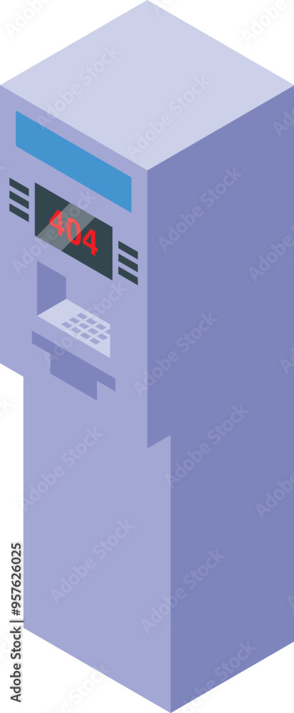 Poster isometric style icon showing a bank atm machine displaying an error message