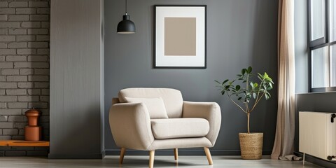 Beige armchair with poster against grey wall in modern flat interior Real photo
