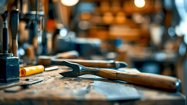a hammer  and  other tools  on  a workbench