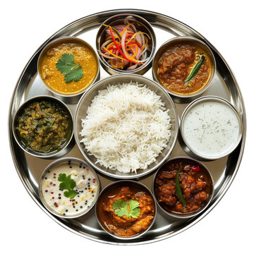 A top view of a delicious traditional Indian thali with various curries and gravies around isolated on transparent white background, clipping path