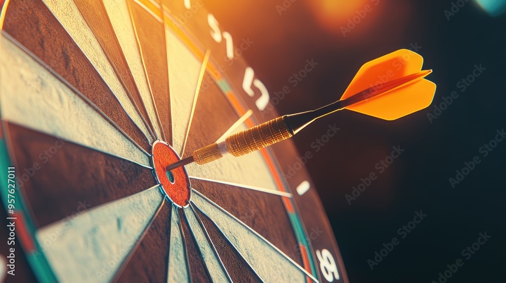 Poster close-up of dart stuck on target with stock market background