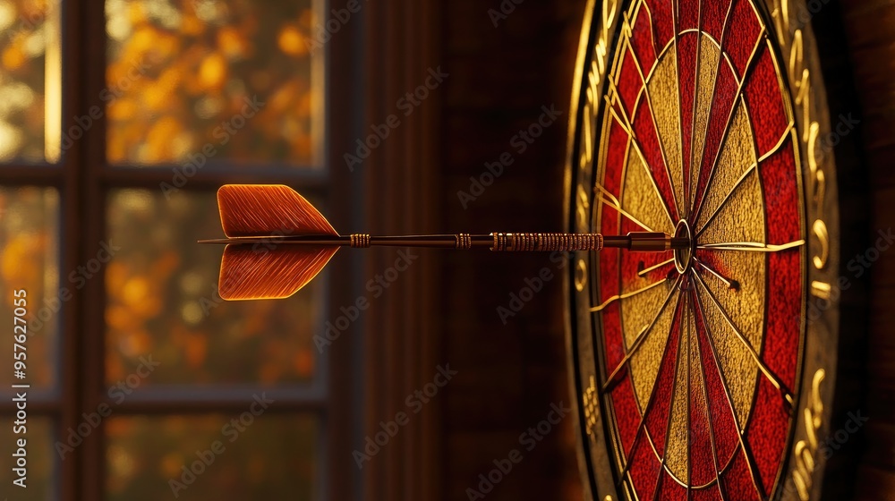 Poster close-up of dart stuck on target with stock market background