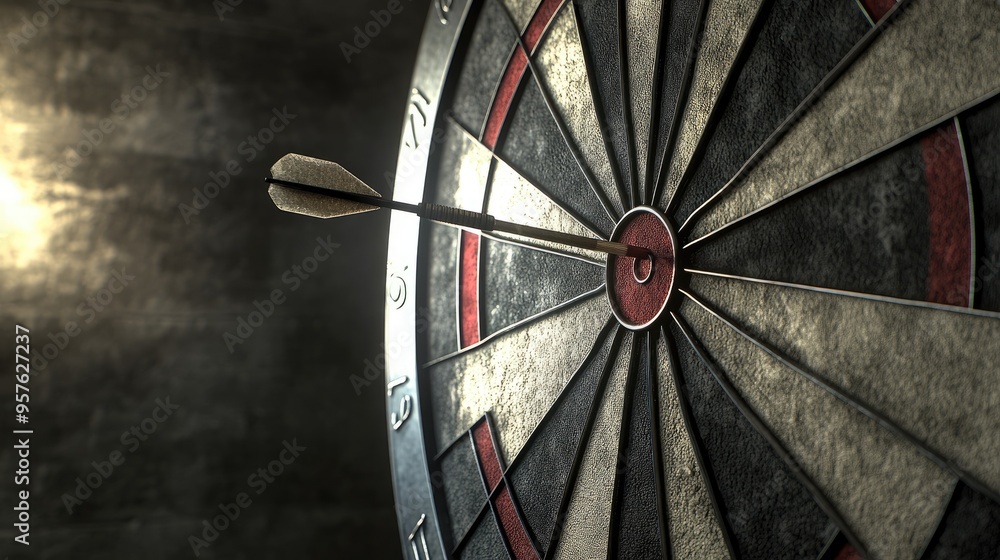 Poster close-up of dart stuck on target with stock market background