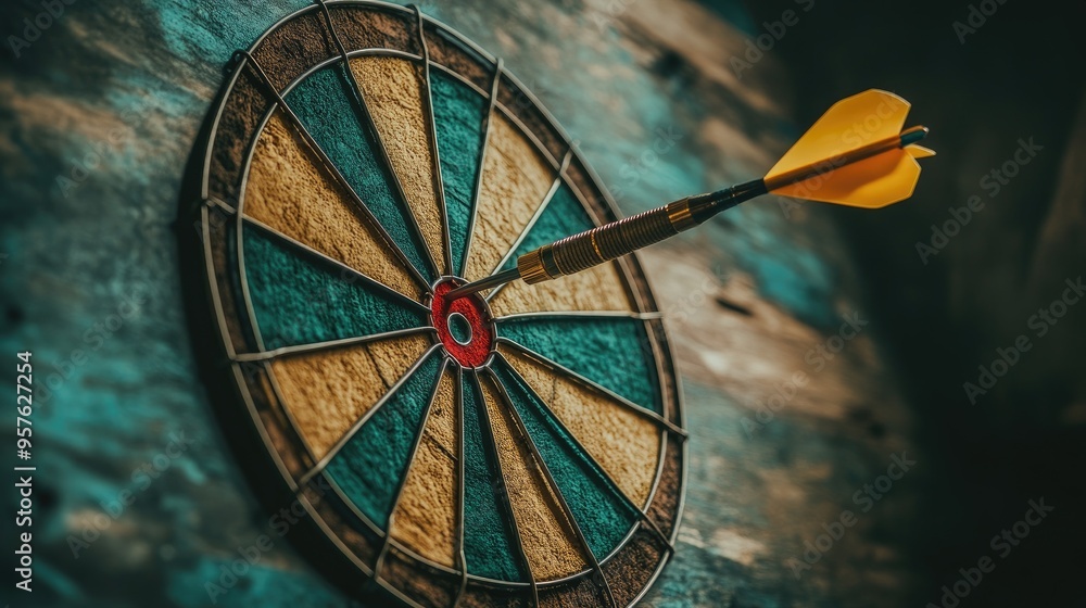 Poster close-up of dart stuck on target with stock market background