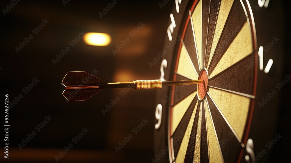 Aufkleber close-up of dart stuck on target with stock market background