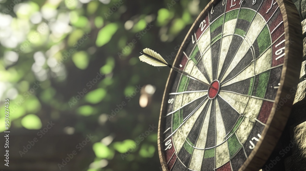 Poster close-up of dart stuck on target with stock market background