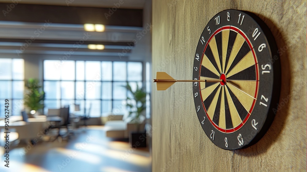 Poster close-up of dart stuck on target with stock market background