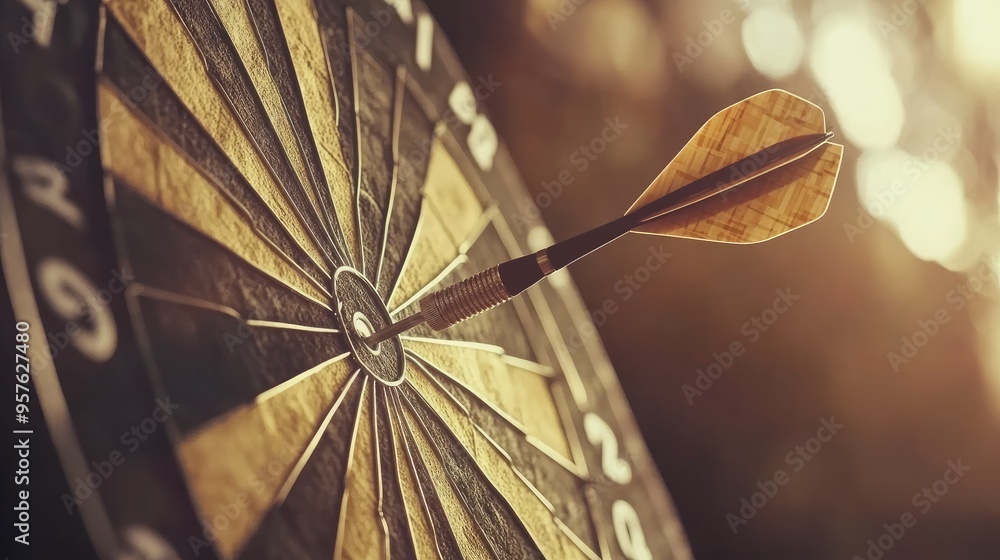 Poster close-up of dart stuck on target with stock market background