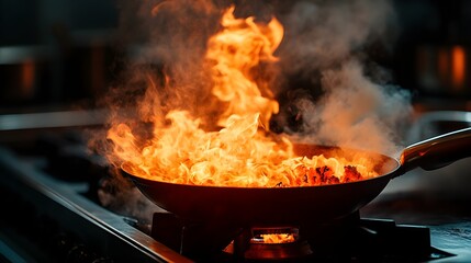 Flaming pan in a dark kitchen, fire raging uncontrollably, thick plumes of smoke, intense orange and red hues lighting up the space, dangerous ambiance