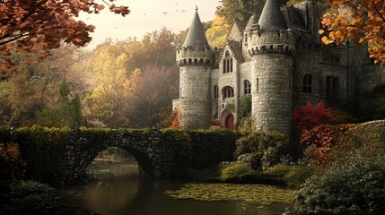 A historic castle with stone walls, a moat, and lush gardens, creating a picturesque and grand scene.