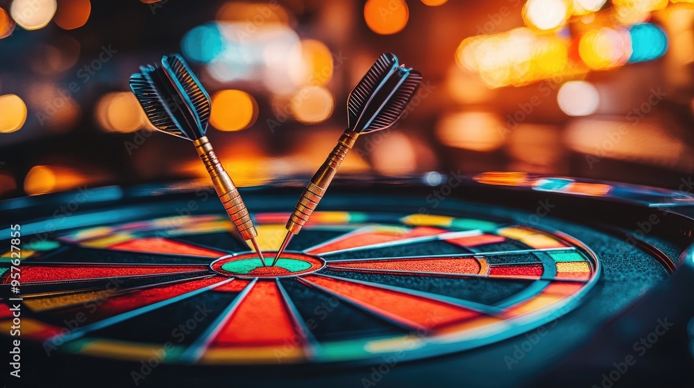 Poster close-up of dart stuck on target with stock market background