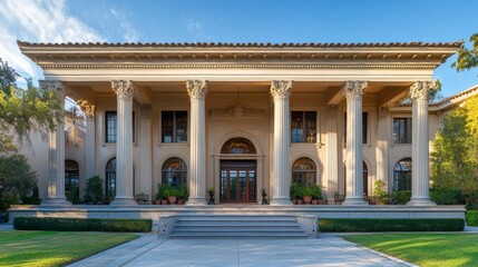 A historic library with grand architectural features, large columns, and a beautifully manicured entrance.