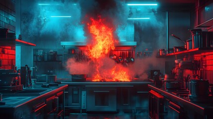 Futuristic kitchen in flames, food frying with fire spiraling upwards, thick smoke clouding the scene, neon blue and red lighting, digital art, sci-fi, dystopian vibe