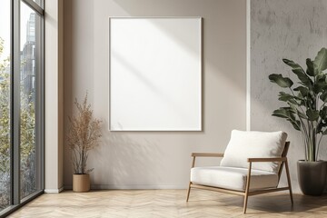 Poster Frame in Beige minimalist living room interior created with generative AI
