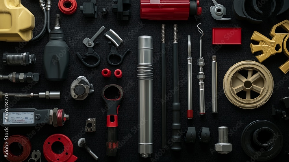Poster a collection of various mechanical tools and parts neatly arranged on a dark background