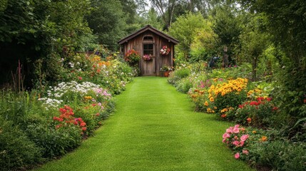 A lush green garden path lined with blooming flowers, leading to a charming garden shed.