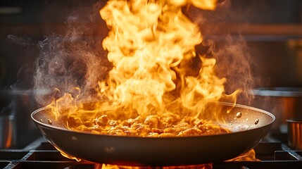 Pan-frying gone wild, flames dancing high above the pan, food sizzling intensely, smoke thick in the air, kitchen chaos captured in vivid detail