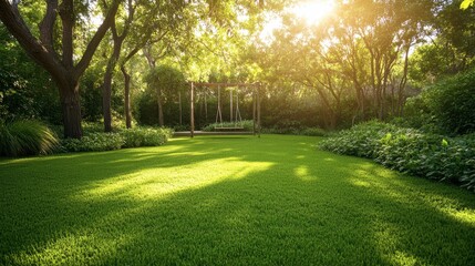 Obraz premium A lush green lawn with a few trees and a swing set, perfect for a relaxing afternoon outdoors.