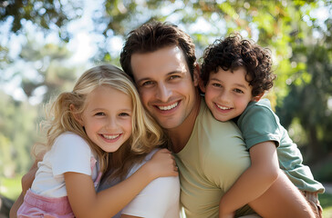 Obraz premium Joyful family of four enjoying a sunny day outdoors