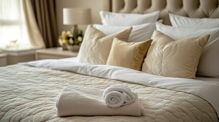 A luxurious hotel bed with perfectly arranged pillows, a plush comforter, and a folded towel at the foot of the bed.