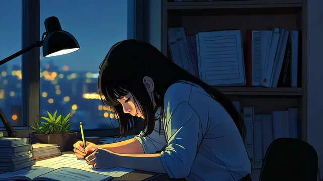Girl leans over desk, writing intently. Warm lamp illuminates workspace cluttered with books and papers. 