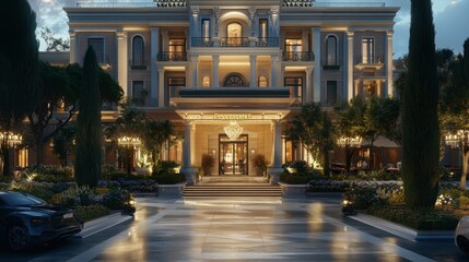 A luxury hotel with a grand entrance, stylish facade, and beautifully landscaped front area, ready to welcome guests.