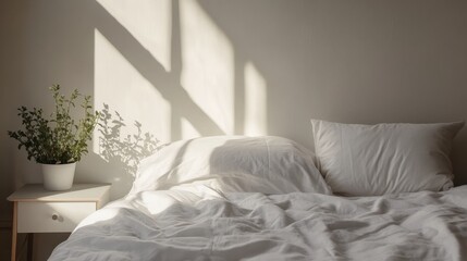 A minimalist bed with simple white sheets, a single pillow, and a small potted plant on the bedside table.