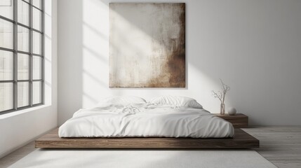 A minimalist bedroom with a platform bed, crisp white linens, and a single piece of abstract art on the wall.