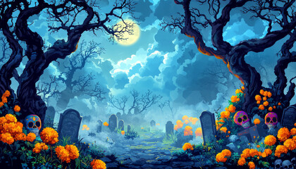 A spooky graveyard scene illuminated by a full moon, featuring tombstones, skulls, and vibrant flowers, evoking a Halloween atmosphere.