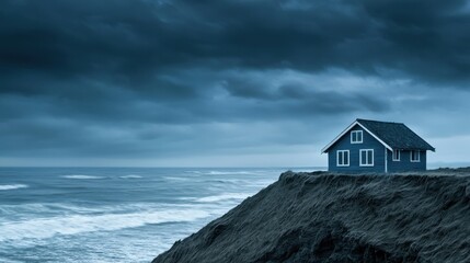 Blue House on a Cliff Overlooking a Stormy Sea