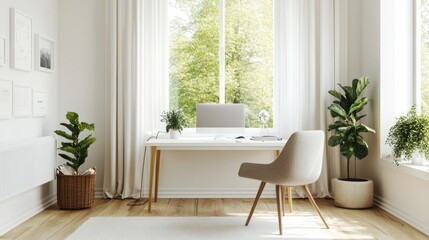 A minimalist home office with a white desk, a comfortable chair, and a large window letting in natural light.