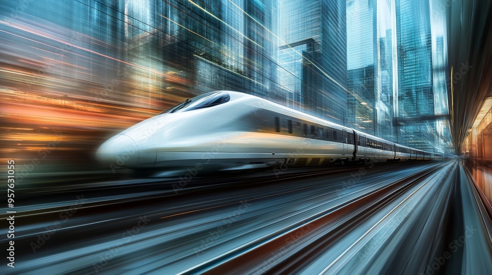Aufkleber a sleek high-speed train zooming through a modern urban landscape, with skyscrapers in the backgroun