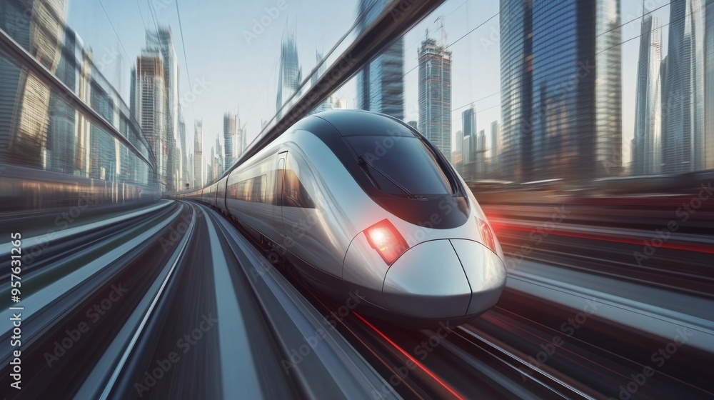 Poster A sleek high-speed train zooming through a modern urban landscape, with skyscrapers in the background and motion blur effects emphasizing its speed and efficiency.
