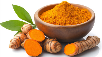 Fresh turmeric roots with ground turmeric in a wooden bowl and green leaves, isolated on a white background.