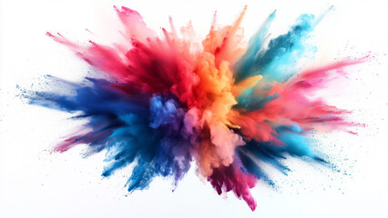 Colorful powder explosion on a white background, perfect for abstract, creative, and energetic design concepts.